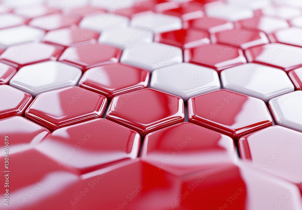 Abstract background with red and white glossy hexagons. Close up view of repeating geometric pattern with reflective surface and subtle shadows. 3D rendered image. Abstract background with red and white glossy hexagons. Close up view of repeating geometric pattern with reflective surface and subtle shadows. 3D rendered image.