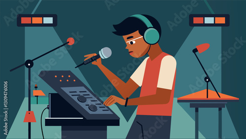 The drum solo during worship is perfectly captured by the sound booth operator who skillfully adjusts microphone levels to amplify each beat.. Vector illustration