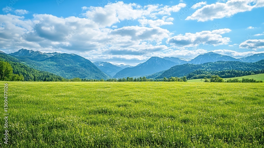Serene Austrian Landscape with Vibrant Green Meadow and Majestic Mountains Under Clear Blue Sky, Ideal Sunny Summer Day Scenery Serene Austrian Landscape with Vibrant Green Meadow and Majestic Mountains Under Clear Blue Sky, Ideal Sunny Summer Day Scenery