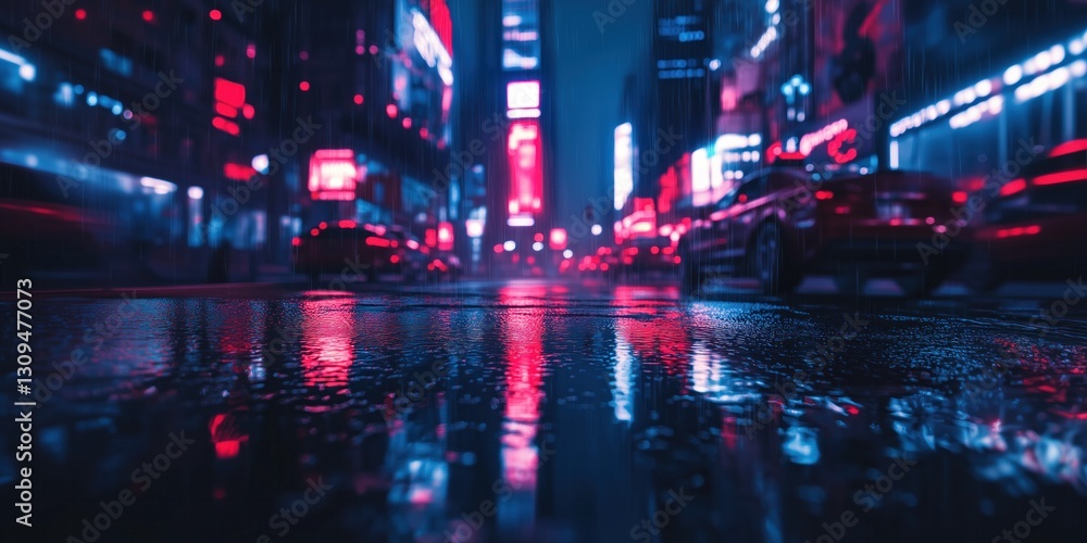Obraz premium Rain falling on a city street at night reflecting neon lights
