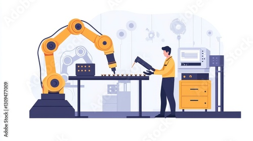 Illustration of robotic arm in manufacturing process.
