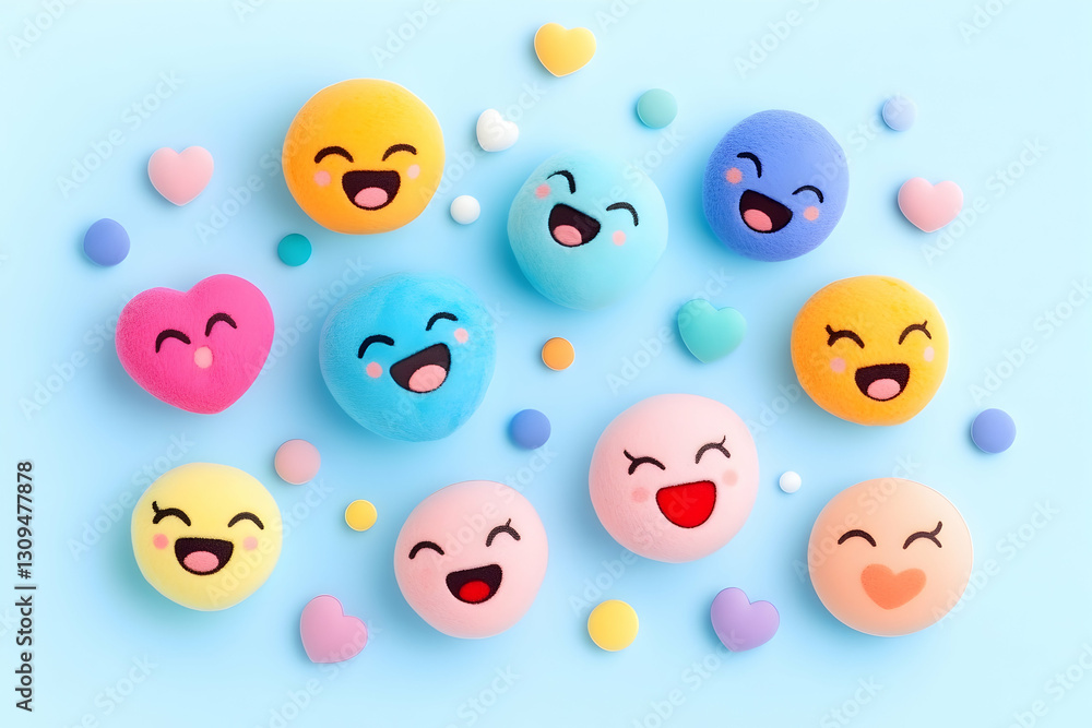 Cheerful colorful smiling pebble hearts on blue Cheerful colorful smiling pebble hearts on blue