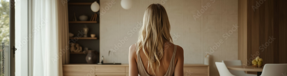 Fototapeta premium blonde woman with long hair seen from behind wearing a beige top in a minimalist room