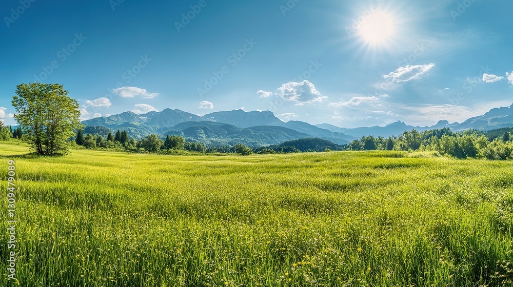 Serene Austrian Landscape with Vibrant Green Meadow and Majestic Mountains Under Clear Blue Sky, Ideal Sunny Summer Day Scenery Serene Austrian Landscape with Vibrant Green Meadow and Majestic Mountains Under Clear Blue Sky, Ideal Sunny Summer Day Scenery