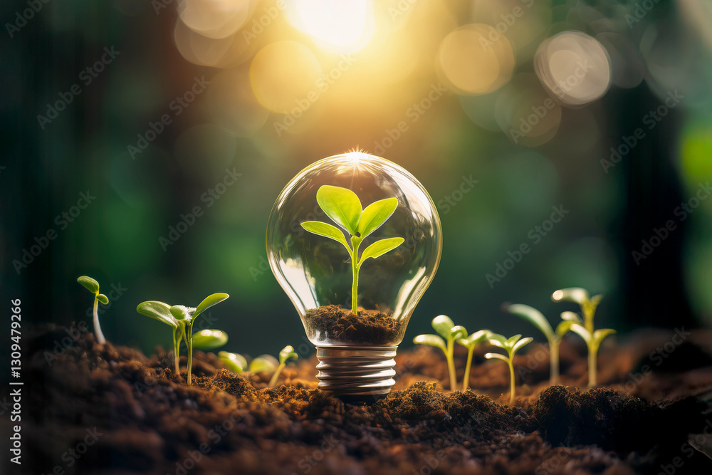 A glass lightbulb planted in rich, dark soil, vibrant green seedling growing in. Sustainable growth