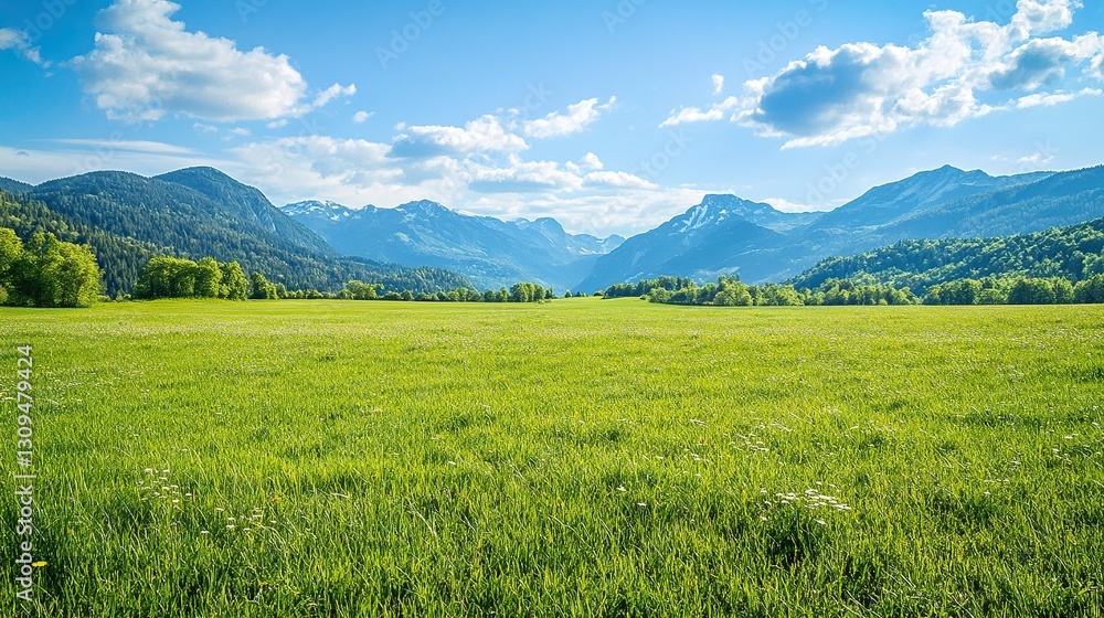 Serene Austrian Landscape with Vibrant Green Meadow and Majestic Mountains Under Clear Blue Sky, Ideal Sunny Summer Day Scenery Serene Austrian Landscape with Vibrant Green Meadow and Majestic Mountains Under Clear Blue Sky, Ideal Sunny Summer Day Scenery