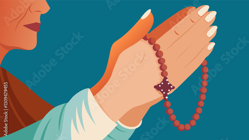 The elderly hands stiff with arthritis gently caress the rosary each touch a symbol of unwavering faith and devotion.. Vector illustration