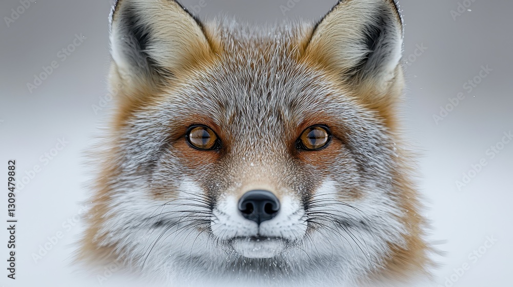 Obraz premium Fox portrait, face forward in snow. Intense animal gaze, winter backdrop, blurry