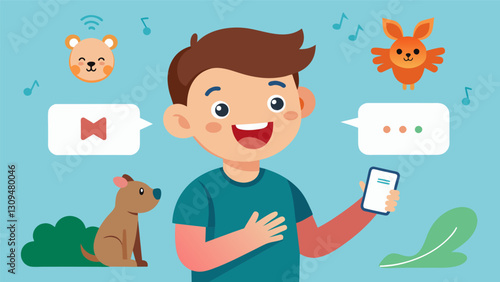 With a smile on his face a young boy mimics the apps instructions making silly animal noises as the app responds and applauds his efforts.. Vector illustration