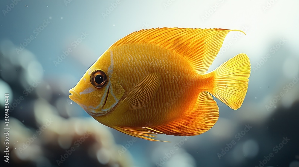 Naklejka premium Golden Fish Swimming in Clear Water, Bokeh Background, Underwater Wildlife Scene