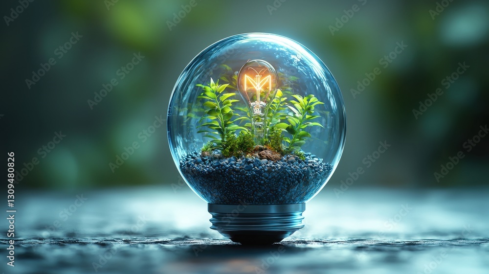 Lightbulb with plant, on surface, against blurred foliage. Green energy, sustainability Lightbulb with plant, on surface, against blurred foliage. Green energy, sustainability