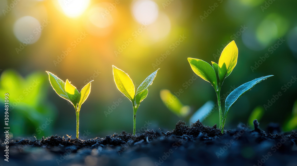 Growing plants in soil with sunlight shining through leaves Growing plants in soil with sunlight shining through leaves
