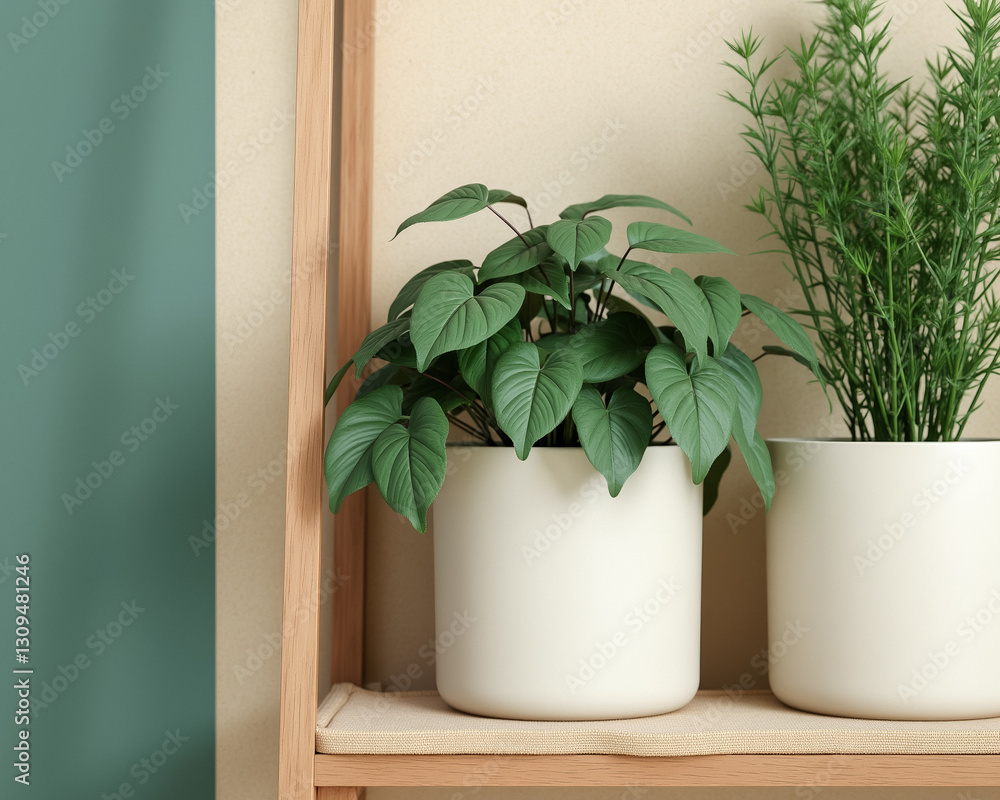 Fototapeta premium two potted plants with distinct foliage on a wooden shelf