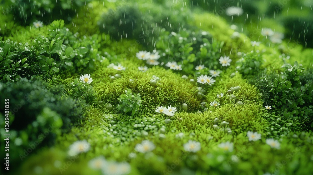 Rain falling on mossy garden bed with daisies, creating lush, verdant backdrop Rain falling on mossy garden bed with daisies, creating lush, verdant backdrop