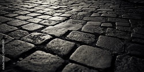An empty stone-paved walkway at dusk, with soft, diffused lighting casting shadows and emphasizing the texture of the bricks.
