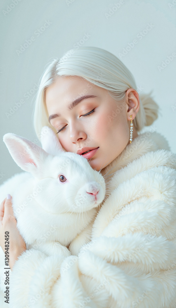 Obraz premium Stunning fair-skinned woman with platinum hair embraces a pure white rabbit, soft lighting and cool misty background, symbolism of serenity and elegance.