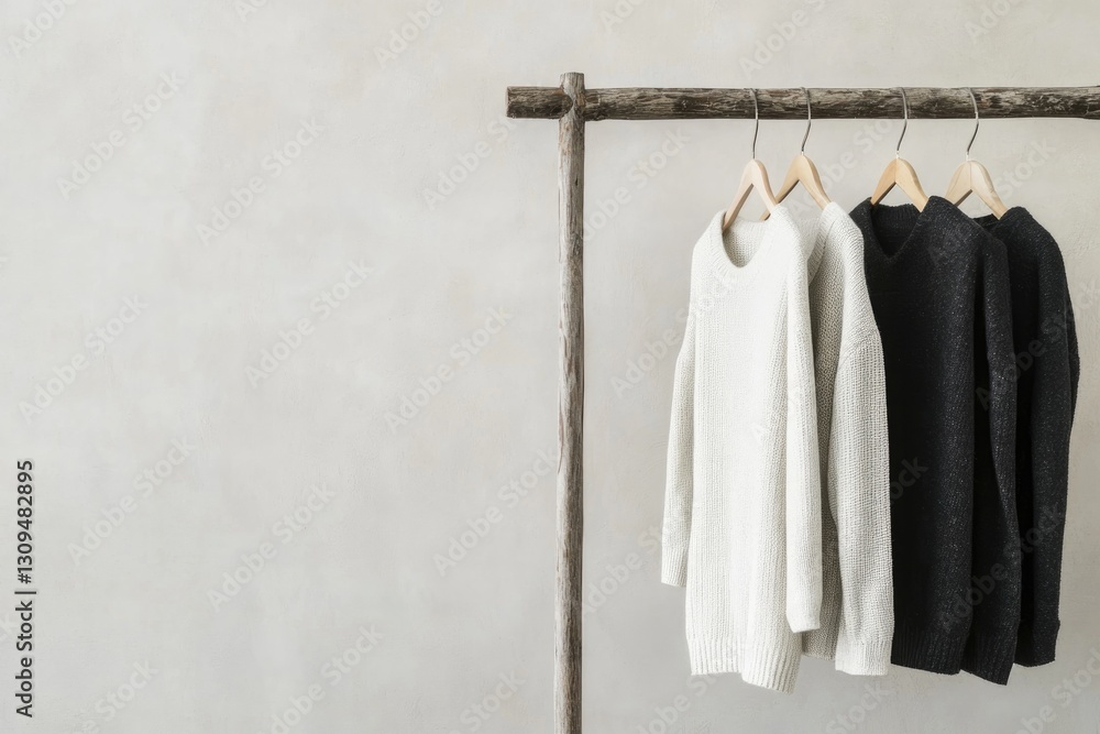 Fototapeta premium minimalist scene with eco-friendly clothing hung on rustic wooden rack natural lighting illuminates sustainable fabric