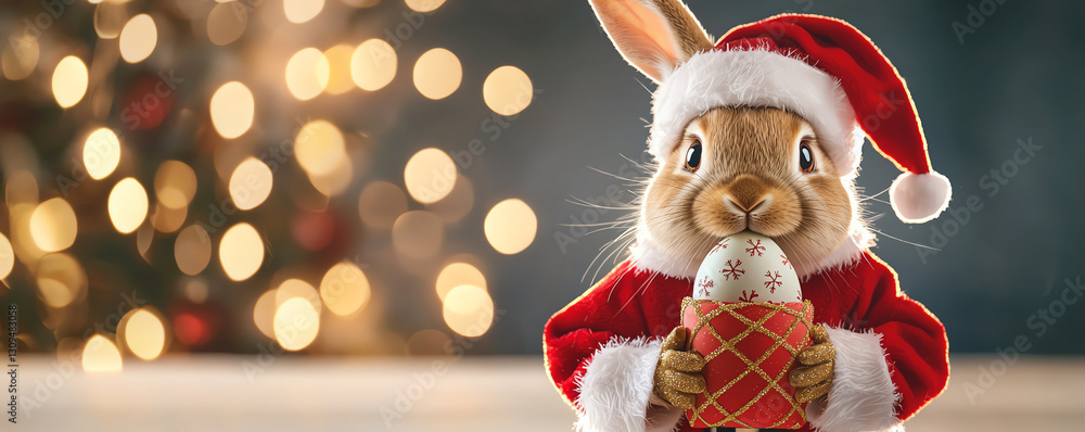 Cute bunny in Santa outfit holding Easter egg, festive spirit Cute bunny in Santa outfit holding Easter egg, festive spirit