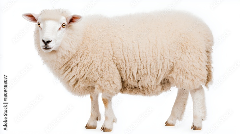 Fototapeta premium Creamy White Sheep Studio Portrait Against White Background