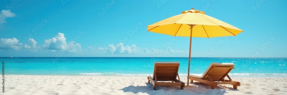 Two sunbeds under beach umbrella, clear blue sky, day, sky, outdoor Two sunbeds under beach umbrella, clear blue sky, day, sky, outdoor