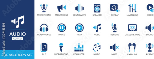 Clean audio icon set. Multimedia, live, singing, talk, voice, and music controls designed for apps, record, speaker, horizontal, and sound-related ui projects.