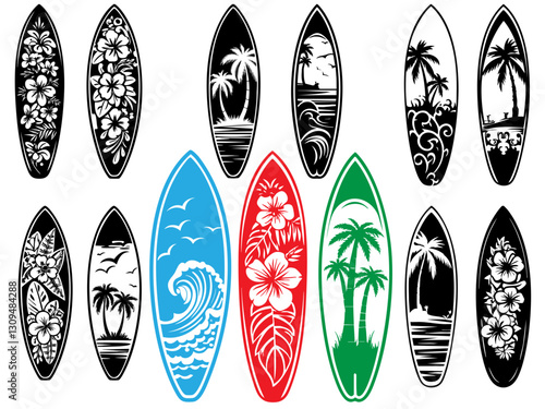 Surf Board Beach Ocean Hibiscus Flower Hawaii Palm Tree Floral Pattern Travel Outdoor DIY Gift Doodle Clipart Shape