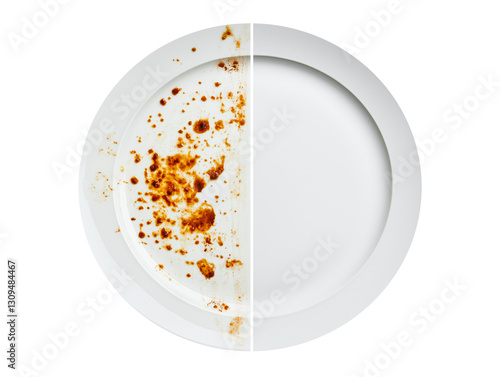 half dirty and half clean plate for advertising  isolated on transparent white background, png. 