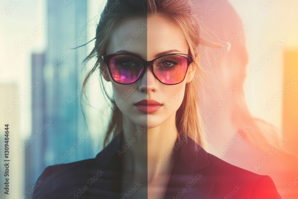Naklejka premium Stylish Woman in Sunglasses Against Urban Cityscape Background