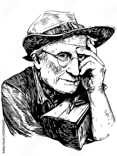 Illustration of an elderly man wearing glasses and a hat, resting his chin on a wooden box in a thoughtful pose