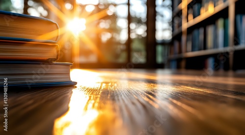 Wallpaper Mural Sunlight streaming through window creates dramatic rays across wooden library table with stack of books, capturing magical morning atmosphere in study space. Torontodigital.ca