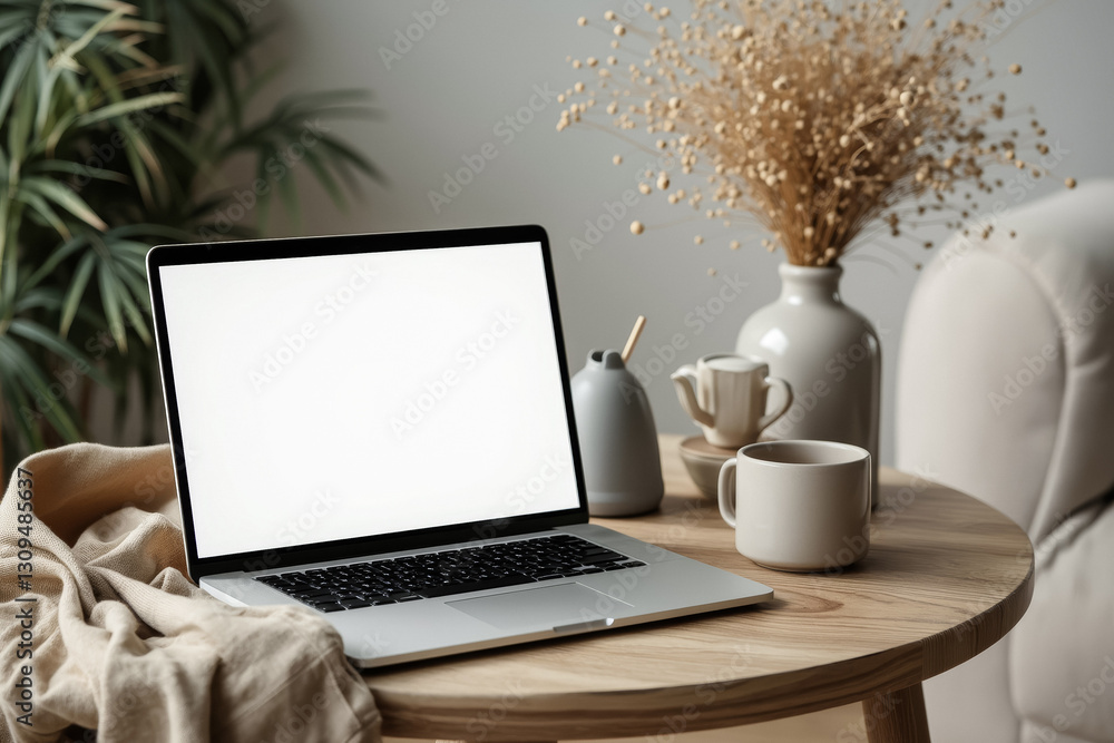 Fototapeta premium laptop with blank screen on wooden table in a cozy workspace