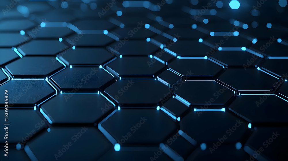 Blue Hexagonal Grid Pattern Illuminated With Glowing Edges Demonstrating Digital Network Connectivity Blue Hexagonal Grid Pattern Illuminated With Glowing Edges Demonstrating Digital Network Connectivity