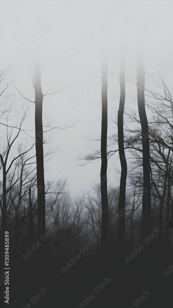 Obraz premium Misty Forest Illustration - Dark Trees, Foggy Landscape