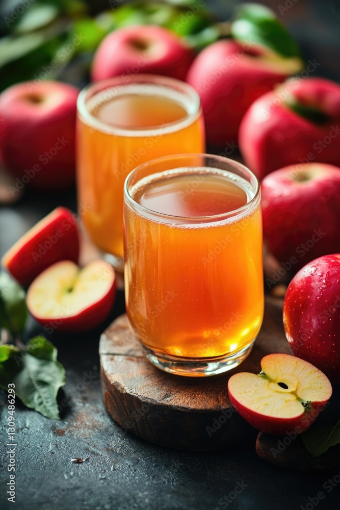 Apple cider in two glasses surrounded by fresh red apples. Apple cider in two glasses surrounded by fresh red apples.