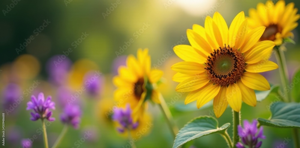 Fototapeta premium Vibrant sunflowers & purple wildflowers bloom in a sunny garden , wildflowers, blossom, nature