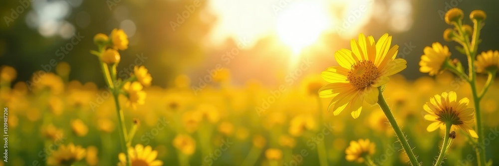 Obraz premium Bright sun shines through branches of blooming yellow flowers, field, garden