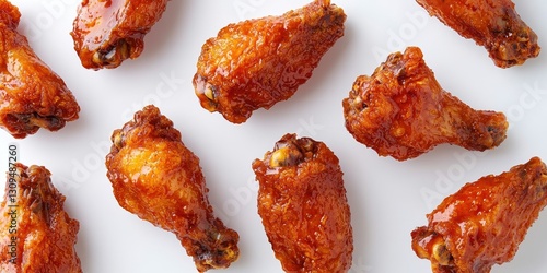 Spicy fried chicken wings tossed in sriracha glaze floating on a bright white background
