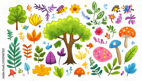 Colorful cartoon nature elements trees, leaves, flowers, mushrooms, insects, birds