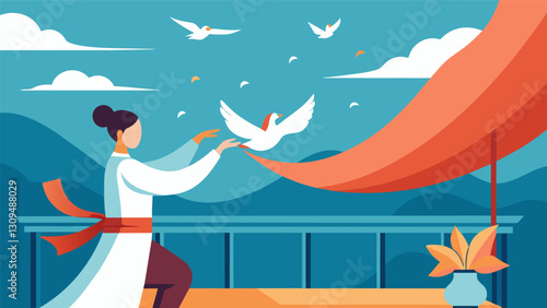 The peaceful sound of birds chirping is punctuated by the soft rhythmic swishing of fabric as a person practices Tai Chi on a balcony.. Vector illustration