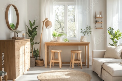 Modern, light-filled living room with wooden furniture, plants, and a window view.