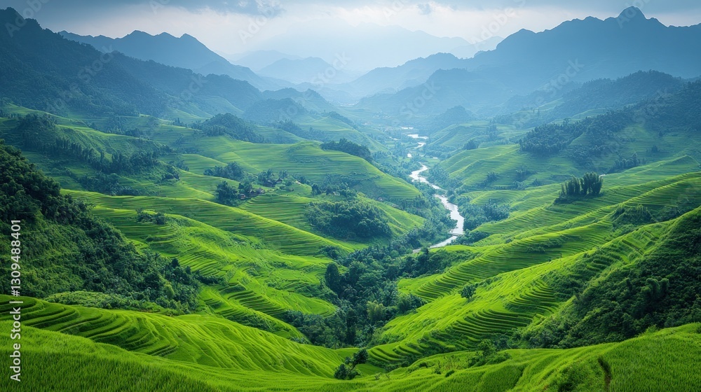 Fototapeta premium Lush terraced rice paddies, valley, mountains, clouds