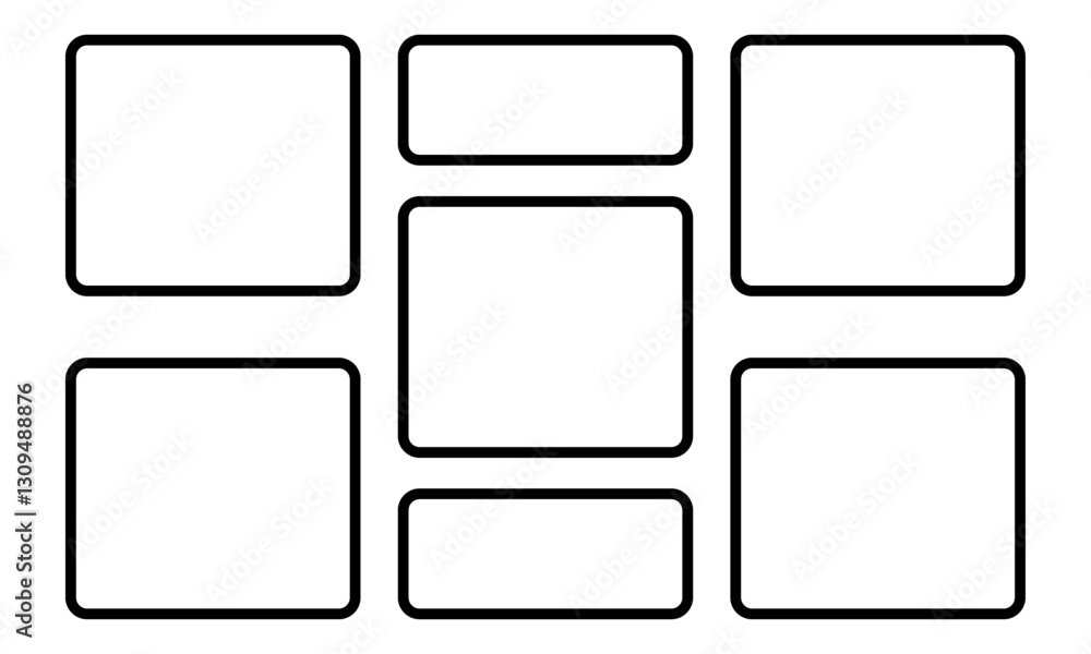 Black grid layout lines collage with several square and rectangular panels for storyboard template, frame work design, layout, or artists to plan and visualize their work. Black grid layout lines collage with several square and rectangular panels for storyboard template, frame work design, layout, or artists to plan and visualize their work.