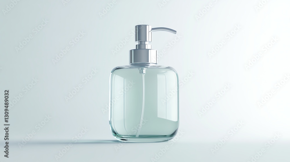 A clear glass soap dispenser with a silver pump on a light background. A clear glass soap dispenser with a silver pump on a light background.
