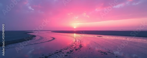 Soft pink hues dawn on the Wadden Sea's mudflats, pink, landscape, mudflat