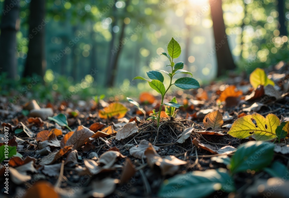 A young plant emerges from the forest floor surrounded by fallen leaves A young plant emerges from the forest floor surrounded by fallen leaves