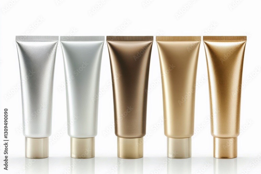 Set of blank cosmetic tubes in silver, bronze, and gold colors, isolated on a white background, beauty products branding packaging