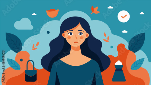 With a clear sense of purpose and selfawareness the stoic woman continues on her way unfazed by the chaos of consumerism around her.. Vector illustration