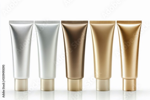 Obraz na płótnie Set of blank cosmetic tubes in silver, bronze, and gold colors, isolated on a white background, beauty products branding packaging w salonie