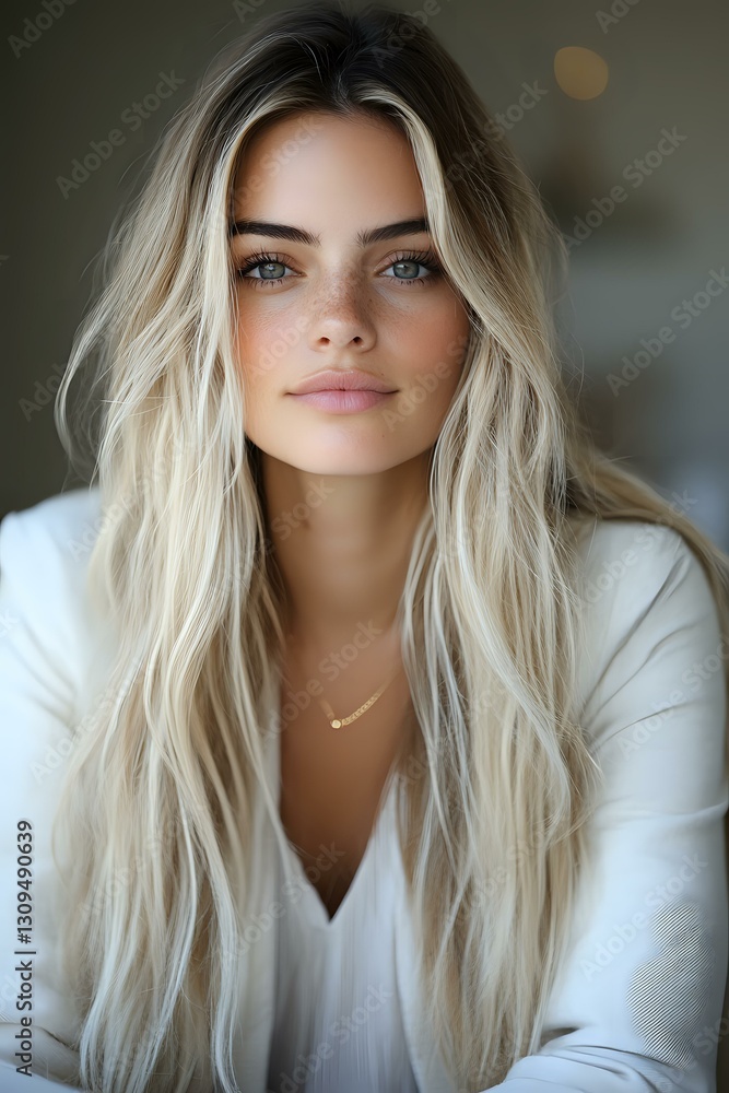 Naklejka premium Young Caucasian woman with long platinum blonde hair and blue eyes wearing white blouse and delicate necklace, soft natural makeup look against blurred background.