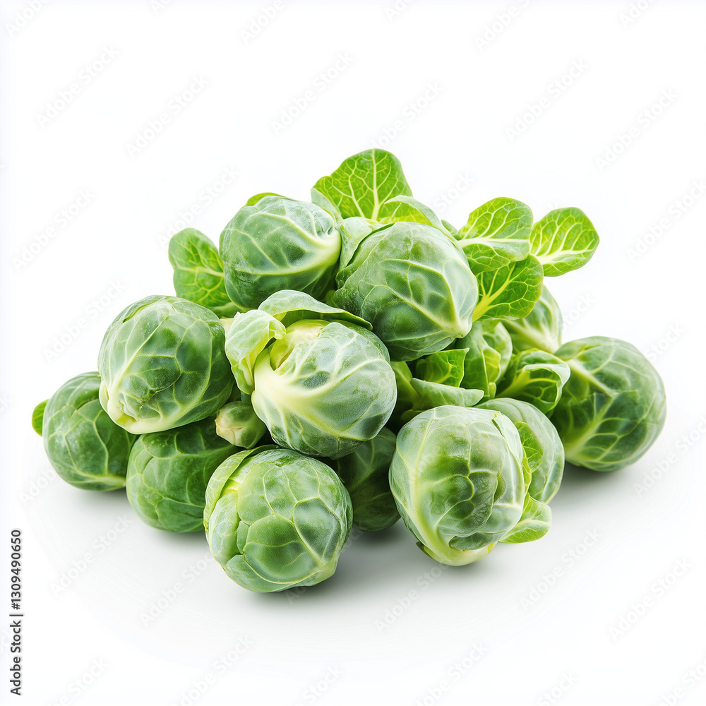 Fototapeta premium A small cluster of Brussels sprouts with bright green, tightly packed leaves, isolated on a white background